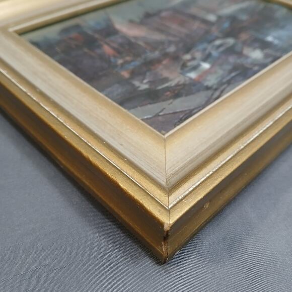 Vtg Framed Foil Art Print Schooner Sailboat Nautical Port Scene 11x9" Gold Frame - Picture 3 of 8